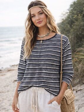 Free People Beach Navy Blue Striped Lightweight Sweater
